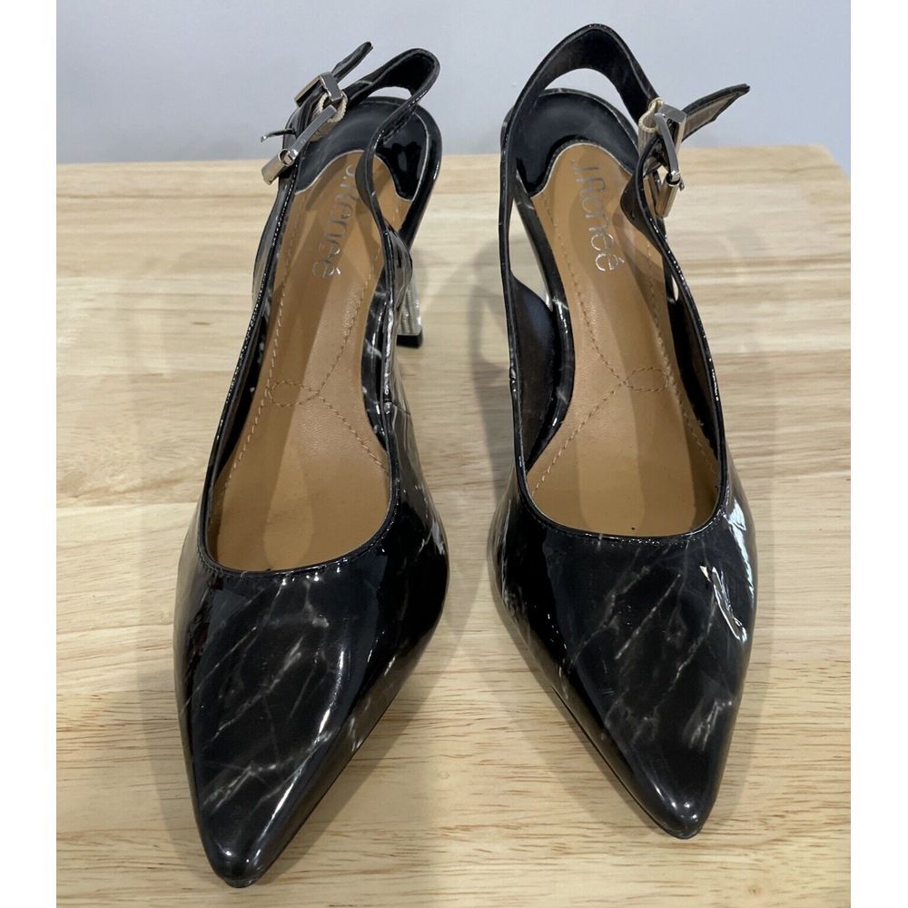 J. Renee Masiela Black Marble Metal Heel High Taper Toe Sling Memory Foam 7.5 M
